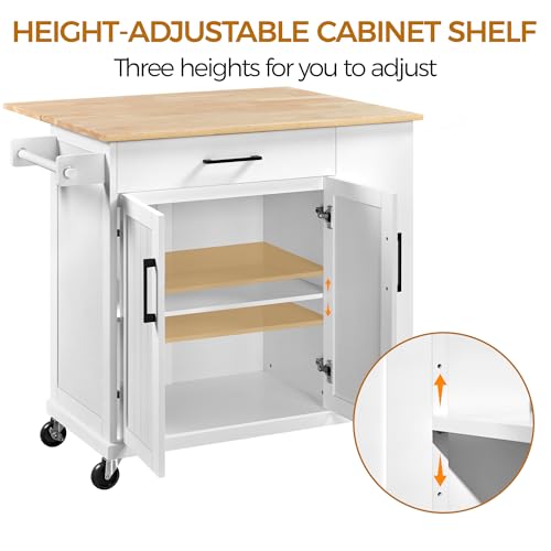 Yaheetech Rolling Kitchen Island Cart with Drop Leaf, Portable Rubberwood Breakfast Bar with Storage Cabinet, Open Shelves & Detachable Towel