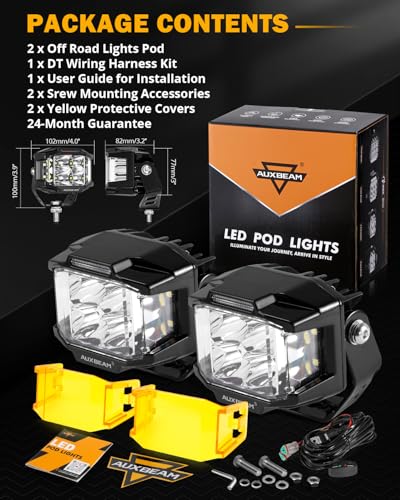 Auxbeam V-MAX Series 72W LED Pod Driving Lights, 4x2.5 Inch Rectangle Side Shooter Offroad Cube Spotlights with Amber DRL
