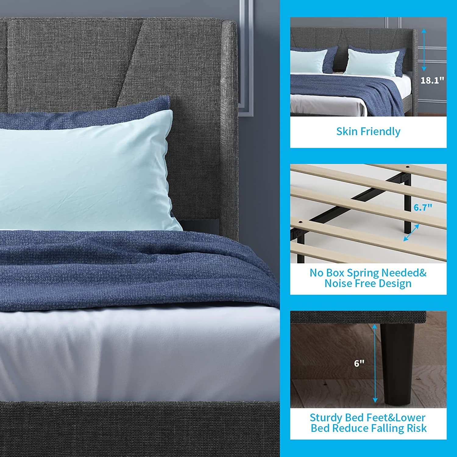 sell well Mjkone Full Upholstered Wingback Platform Bed Frame with Modern Headboard/Mattress Foundation with Wood Slat Support No Box Spring