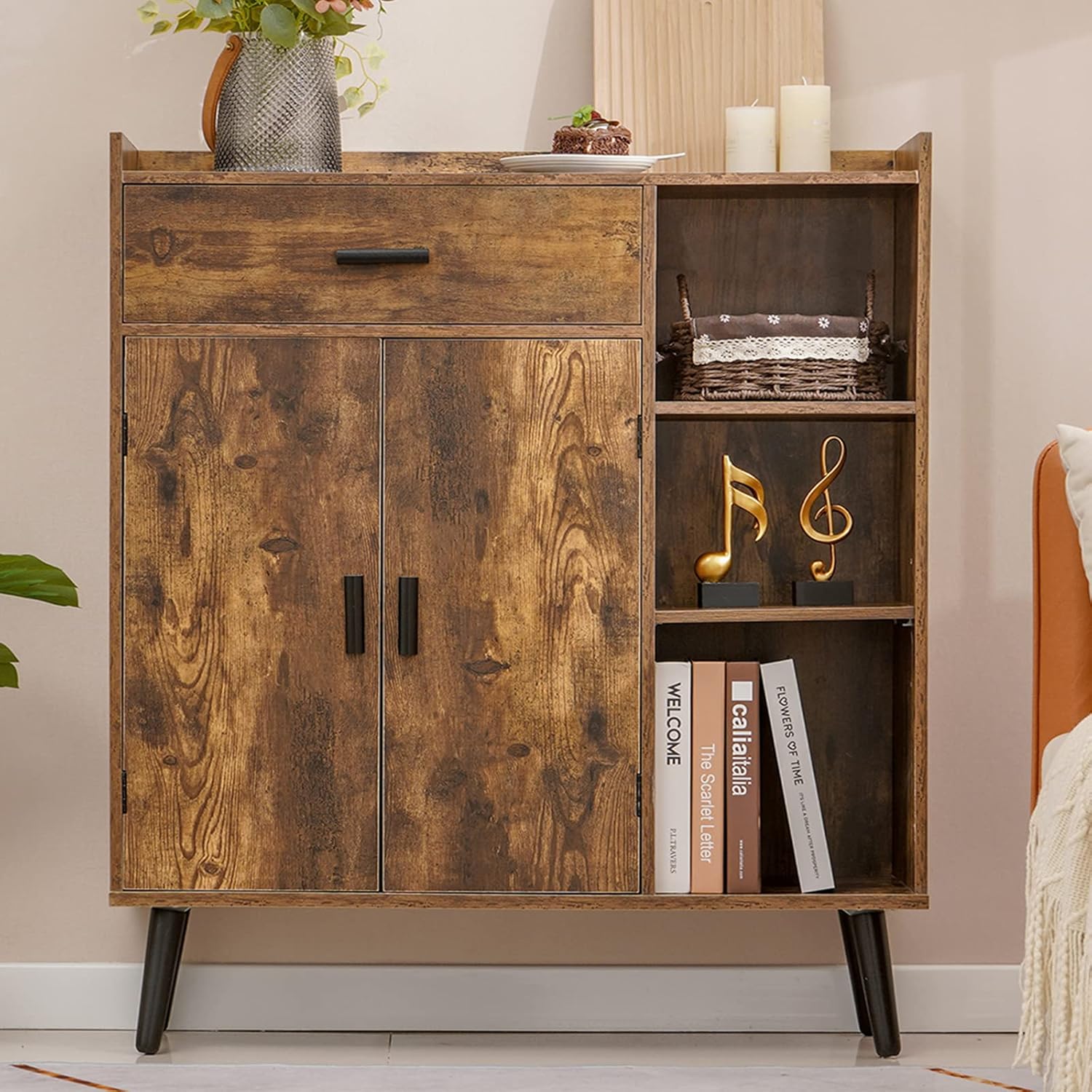 usikey Mid-Century Storage Cabinet with 1 Drawer 2 Doors 3 Shelves & Bookcase Storage Cabinet, Free Standing Cupboard with 4 Legs