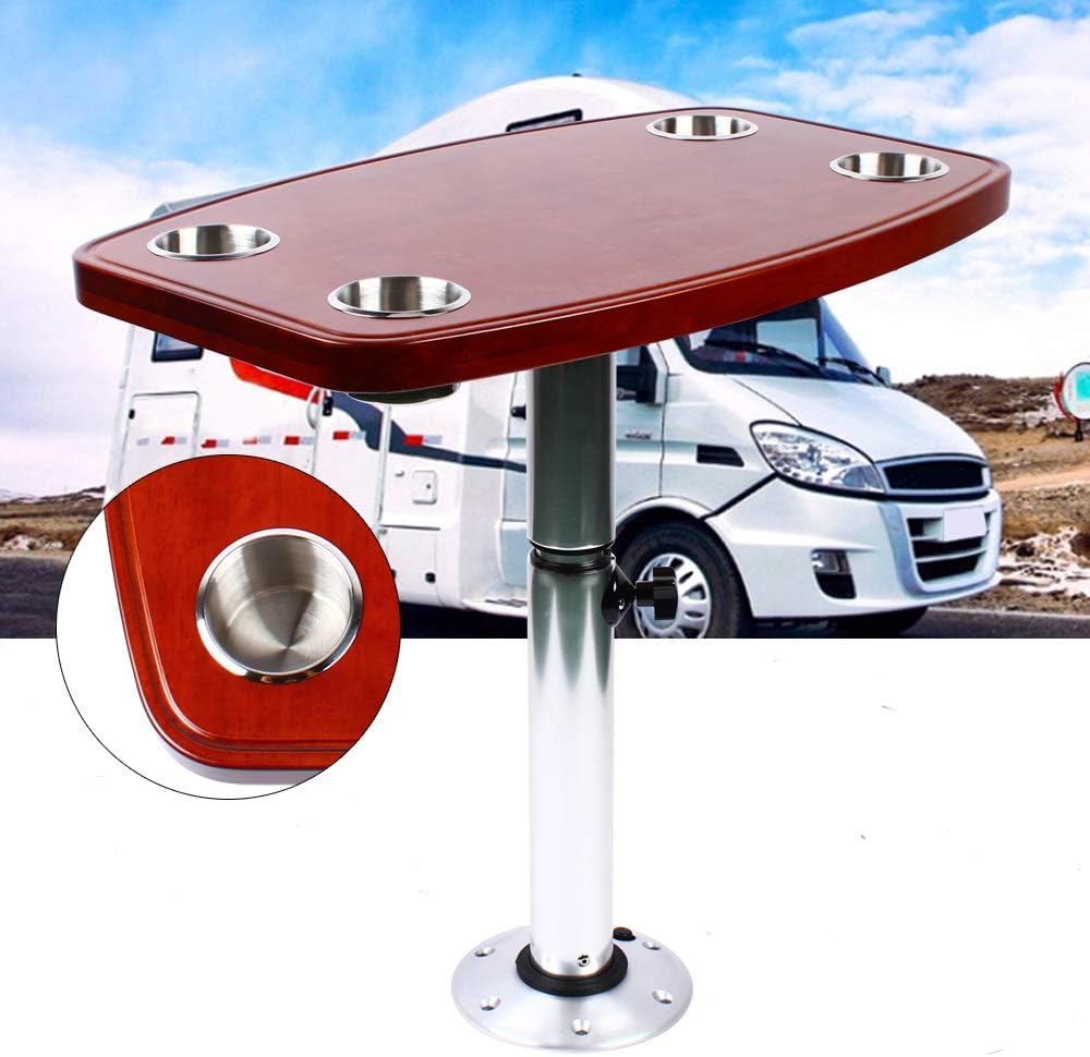 Boat Table, Varnished Removable Marine Table with 4 Cup Holders and Pedestal Base Mount Height Adjustable for Caravan RV Marine Boat