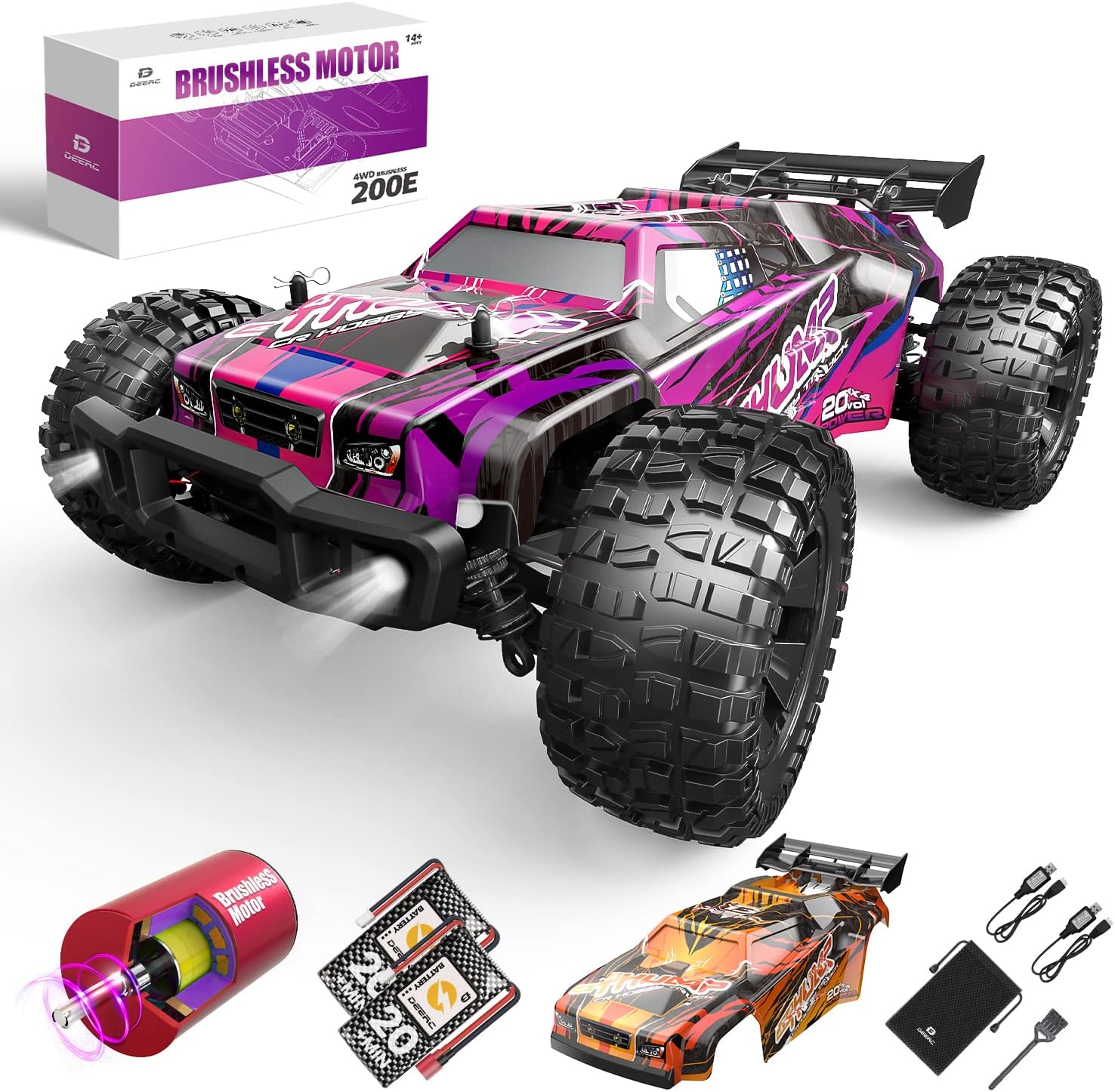 DEERC 200E Large Brushless High Speed RC Cars for Adults, Upgraded 1:10 RC Trucks W/ Extra Shell LED Headlight, 60 KM/H, Remote Control Car