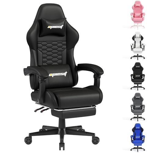 Gaming Chair, Computer Office Chair with Footrest, Linkage Armrests and Lumbar Support, High Back Ergonomic Gamer Chairs for Adults, Blue Fabric