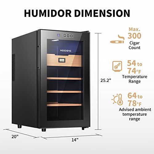 NEEDONE Electronic 23L Cooler Humidor,150 Counts Capacity, with Spanish Cedar Wood Shelves Upgraded Version with Digital Hygrometer Displays