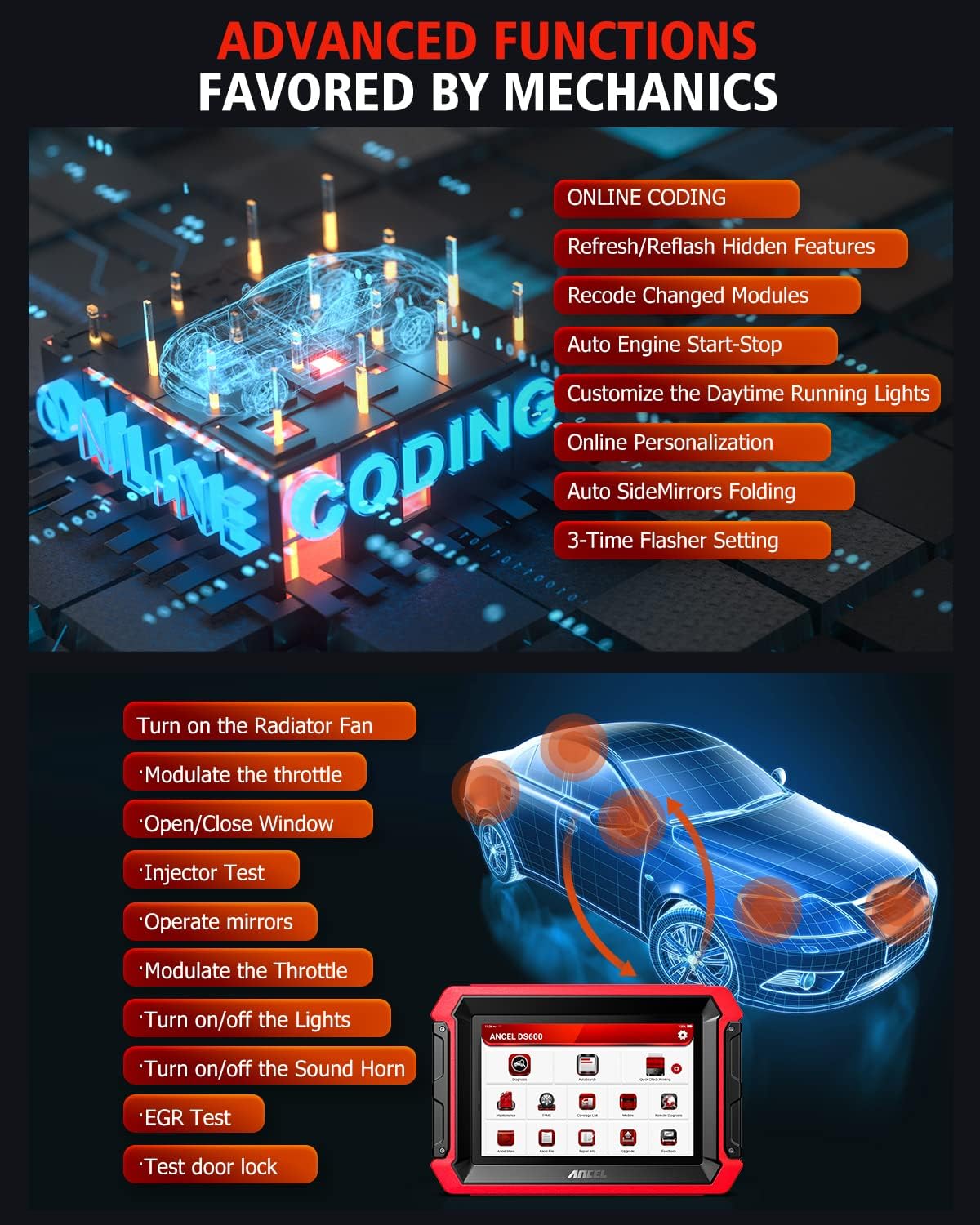 ANCEL DS600 Top Version Full Function Automotive Diagnostic Scan Tool for All Cars, 34+ Reset Services All System Bi-Directional Car OBD2 Scanner