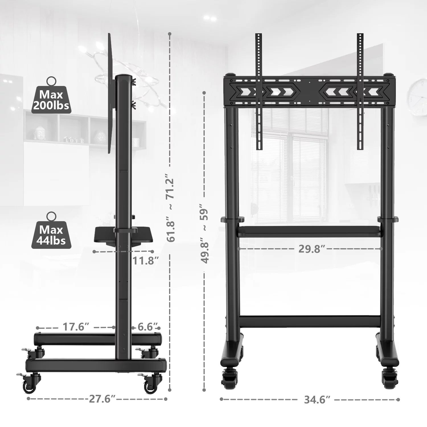Black Mobile TV Stand Rolling TV Cart for 55 to 90 inch Flat Screen TVs，Holds Up to 200lbs