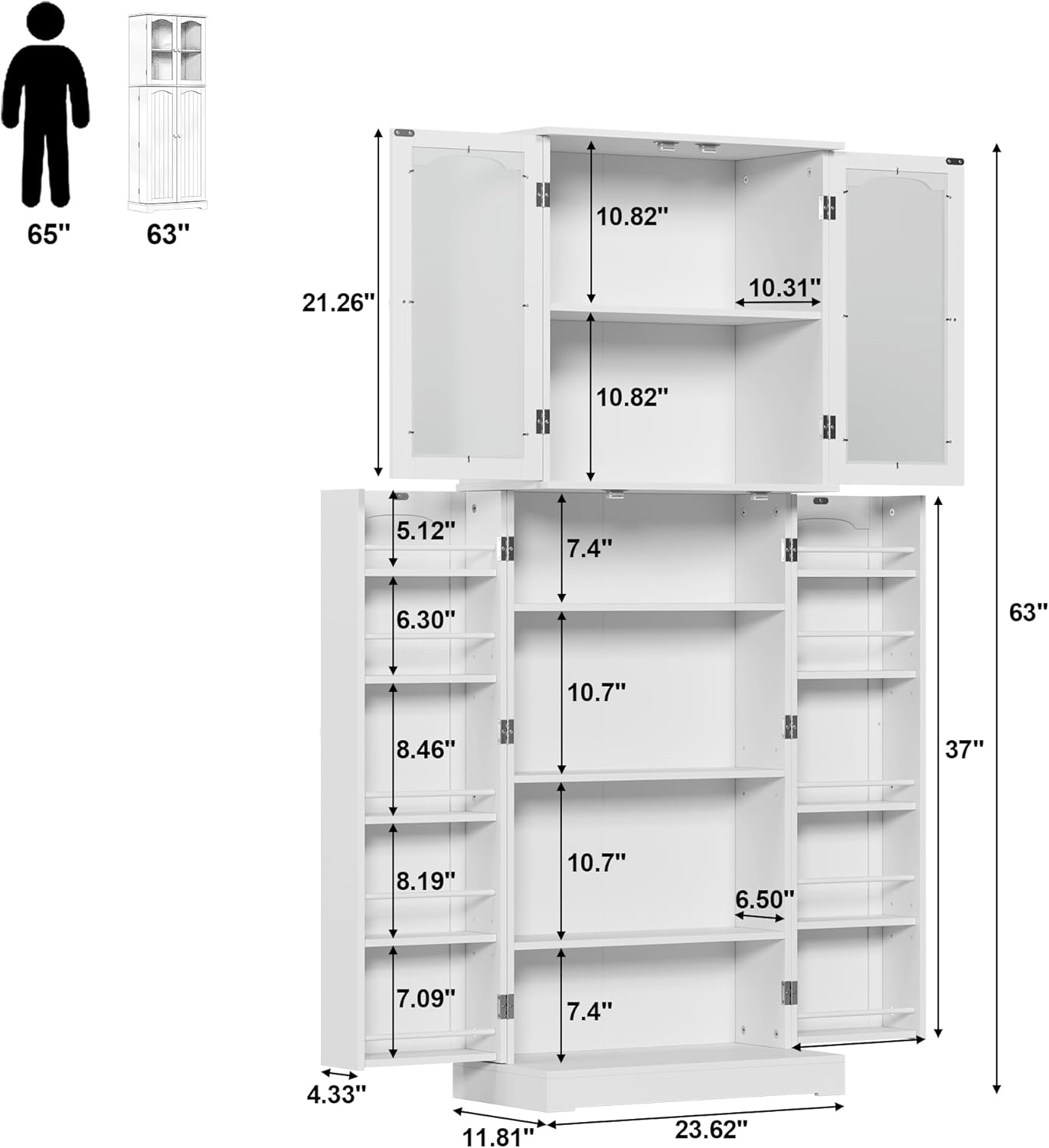 HOME BI 64" Kitchen Pantry Cabinet, Tall Freestanding Pantry with Glass Doors,Wooden Food Pantry Storage cabinet for Home Kitchen, Dining Room
