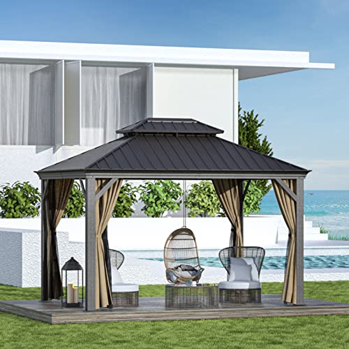 Gazebo 10' x 12' with Mosquito Net and Privacy Sidewalls, Patio Aluminum Permanent Gazebo, All Weatherproof Outdoor Hardtop Metal Gazebos，for Patio