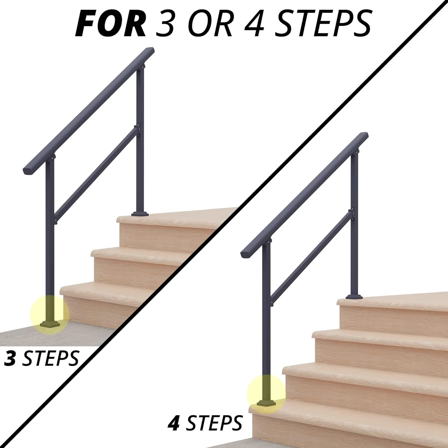CHR 4 Steps Outdoor Handrails for Outdoor Steps, Black Wrought Iron Hand Rail Stair Railing Kit (3-4 Steps Handrail) - Curated Treasures Market