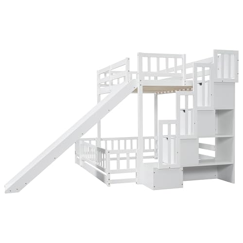 Full-Over-Full Castle Style Bunk Bed with 2 Drawers and 3 Shelves, Wood Bunk Bed Frame with Slide and Storage Staircase for Kids Teens Boys Girls