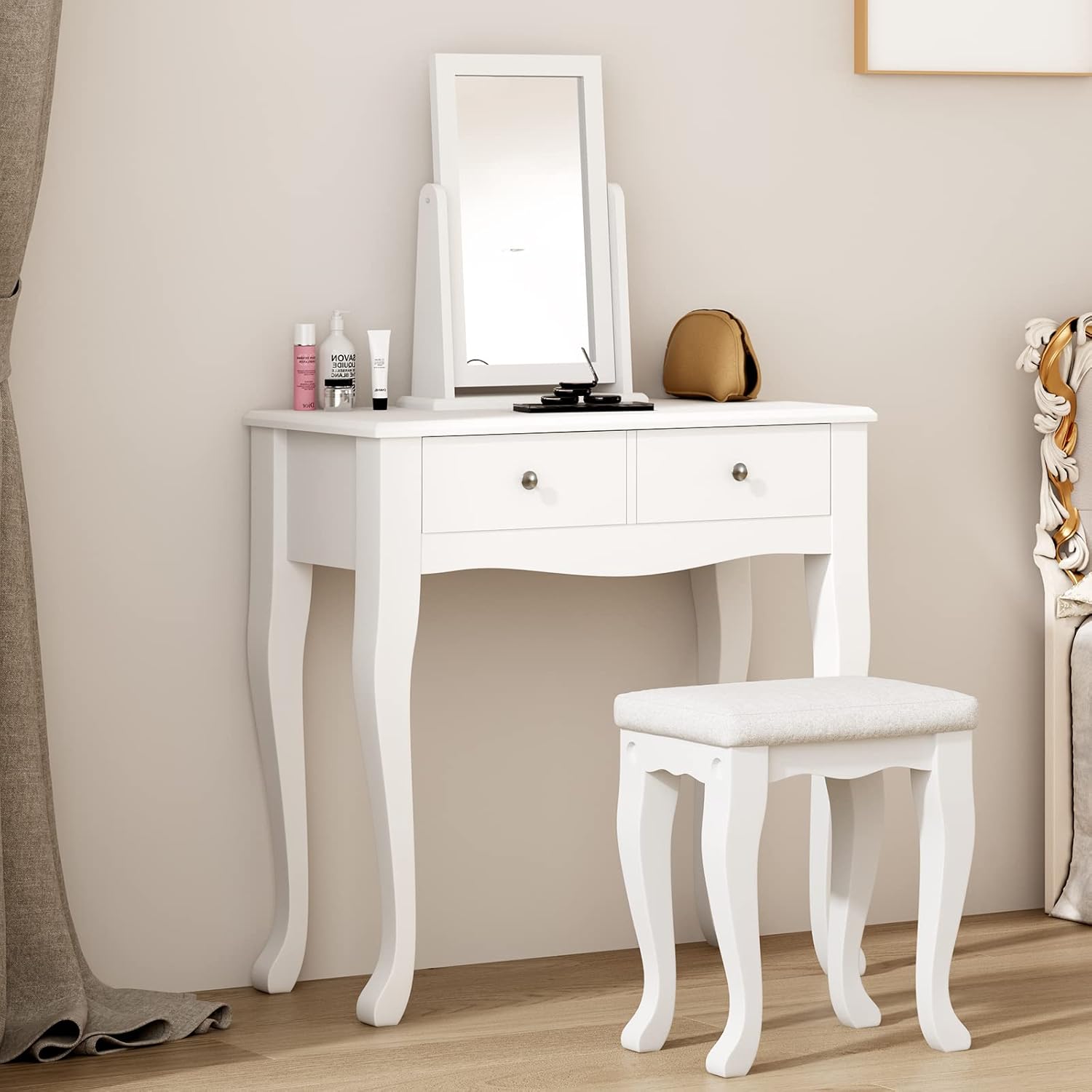 sogesfurniture Vanity Dressing Table Set Wooden Contemporary with 360° Pivoting Mirror and Stool