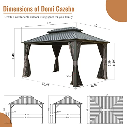 Domi 10' x 10' Hardtop Gazebo Outdoor Metal Gazebo with Galvanized Steel Double Roof Canopy, Curtains and Netting for Patio, Backyard, Deck