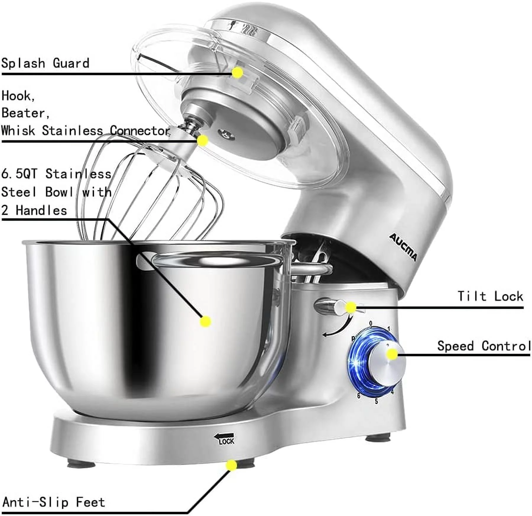 Aucma Stand Mixer 6.5-QT 660W 6-Speed Tilt-Head Food Mixer  Kitchen Electric Mixer with Dough Hook  Wire Whip &amp; Beater (6.5QT  Blue)