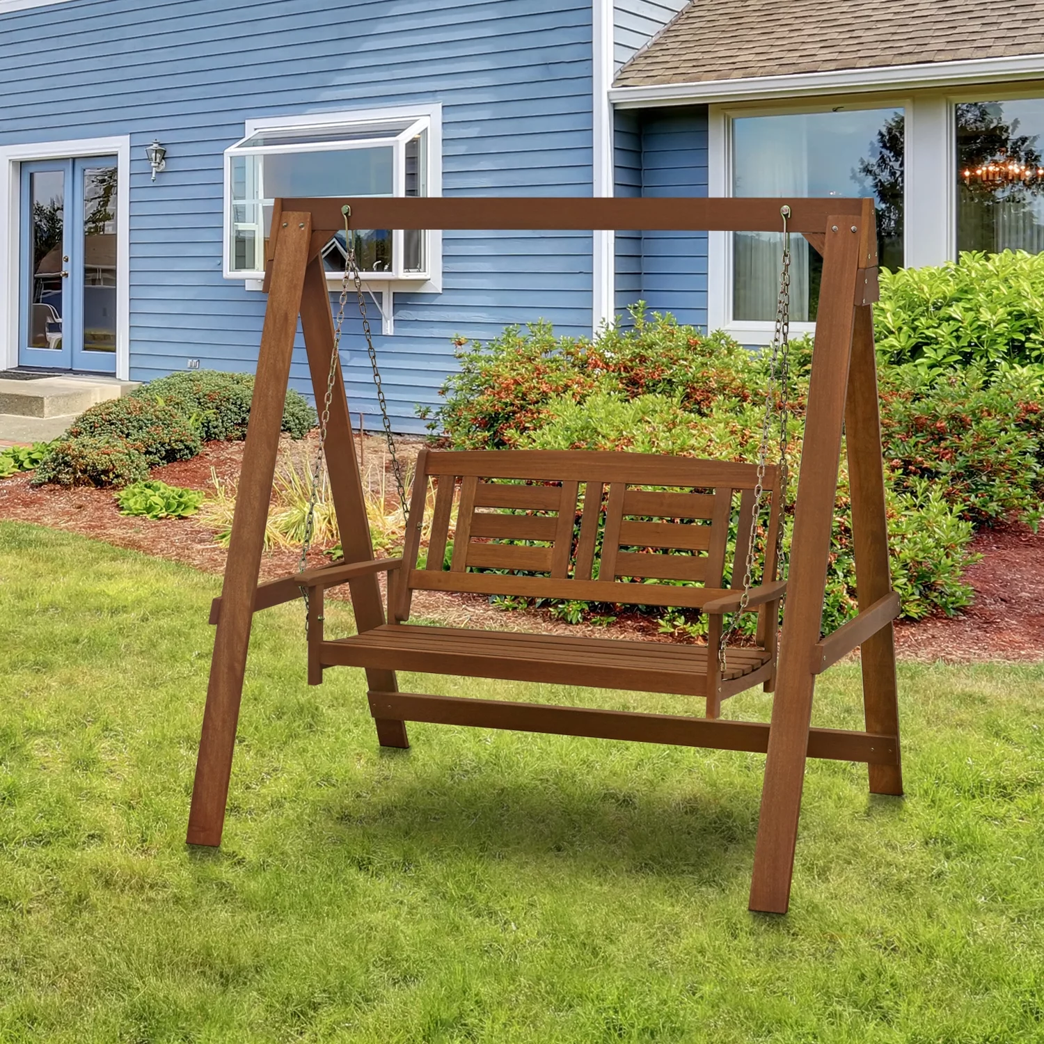 Furinno Tioman Hardwood Hanging Porch Swing with Stand, Seating Capacity 3