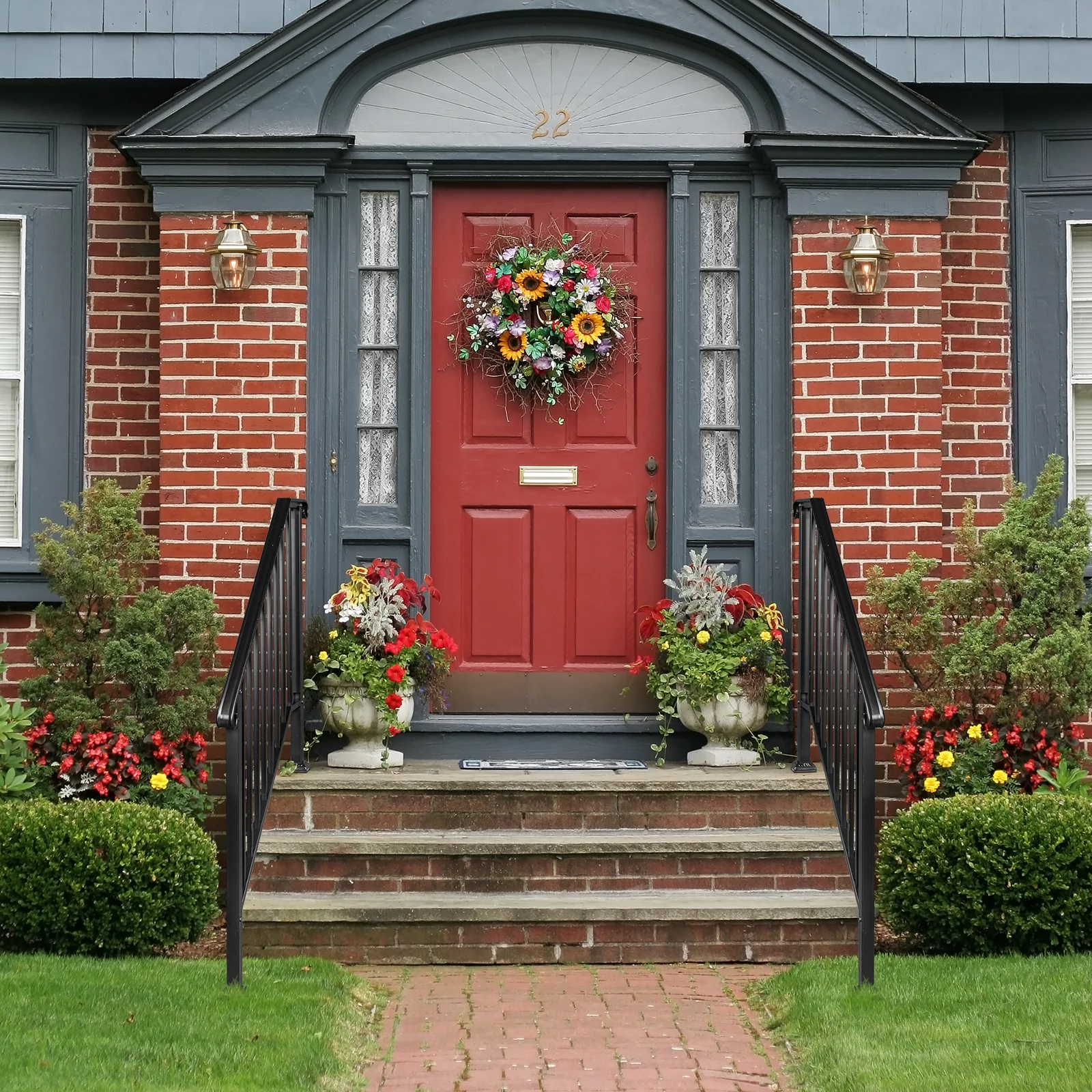 4 Step Handrails for Outdoor Steps, Fit 3 or 4 Steps Outdoor Stair Railing for Concrete Steps, White Wrought Iron Railing