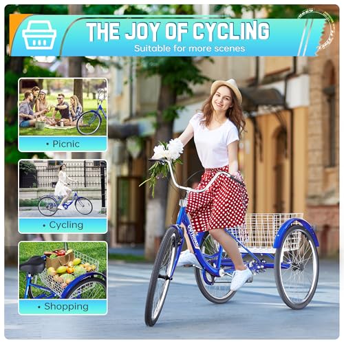 Outroad Adult Tricycle, 24/26 inch 7 Speed Cruiser Trike, 3 Wheel Bikes with Large Basket for Seniors, Women, Men