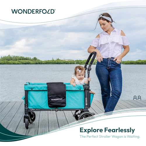 WONDERFOLD W1 Original Double Stroller Wagon (2 Seater) - Collapsible Wagon Stroller with Seats with 5-Point Harnesses, Adjustable Push Handle