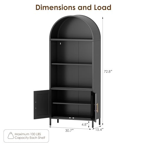73 in Tall Metal Arched Bookcase, 5-Tier Arched Bookcase with Doors, Modern Farmhouse Bookshelf with 2 Adjustable Shelves