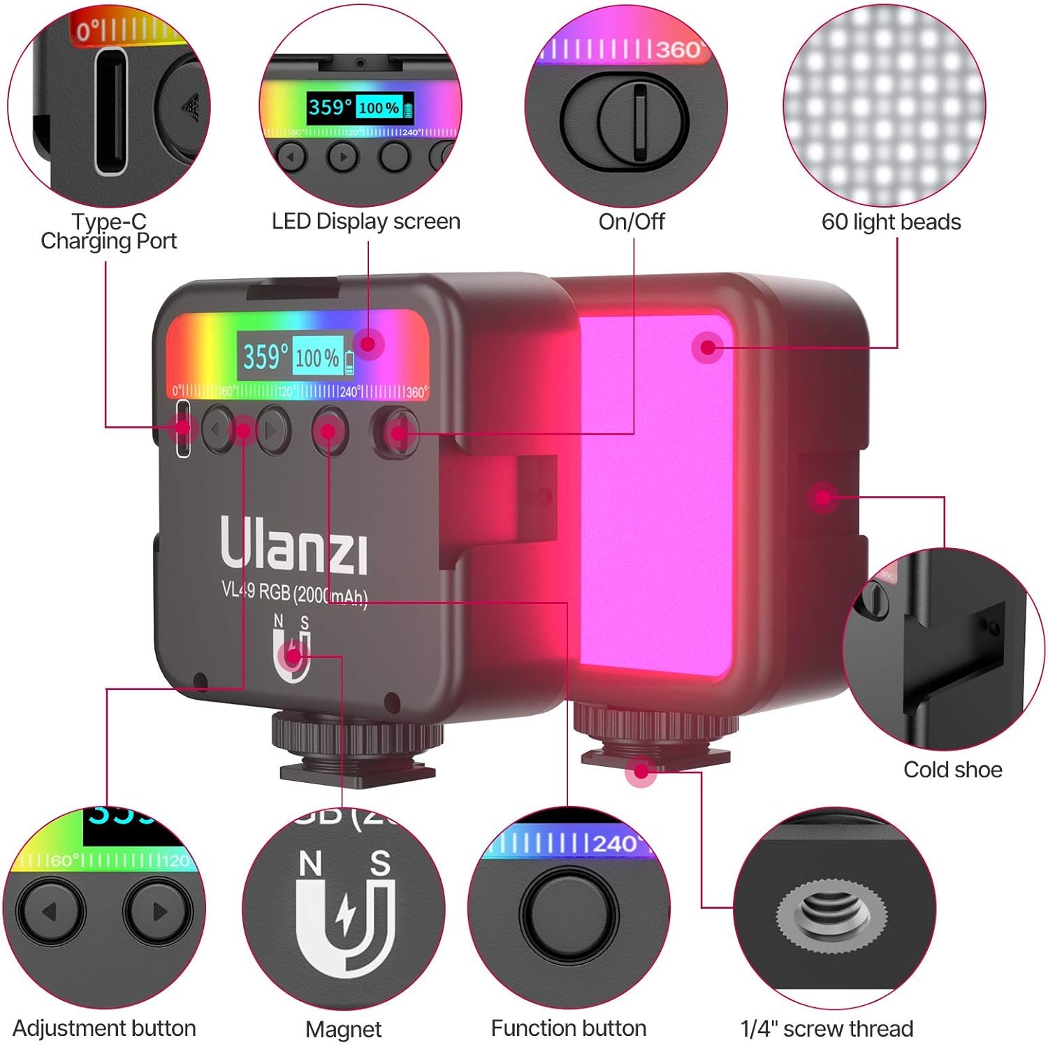 ULANZI VL49 RGB Video Lights, LED Camera Light 360&deg; Full Color Portable Photography Lighting w 3 Cold Shoe