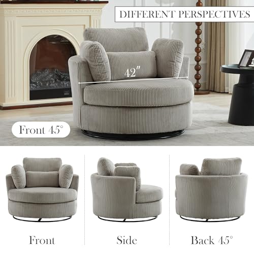 Aoiy & Wifon 42.2" W Oversized Swivel Barrel Chair with Ottoman, Upholstered Round Accent Chair with Storage Ottoman, Chenille, Beige