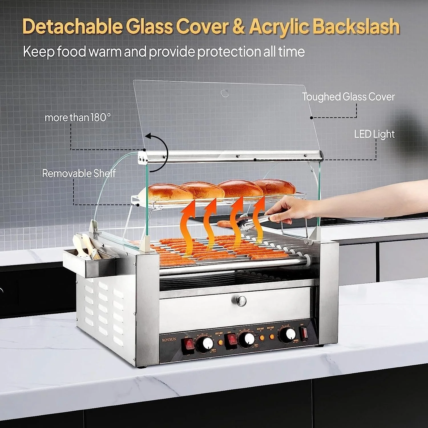 ROVSUN Hot Dog Roller Warmer 2000W, 11 Rollers 30 Hot Dog Roller Grill Cooker Machine w/Bun Warmer, Cover, Dual Temp Control, LED Light