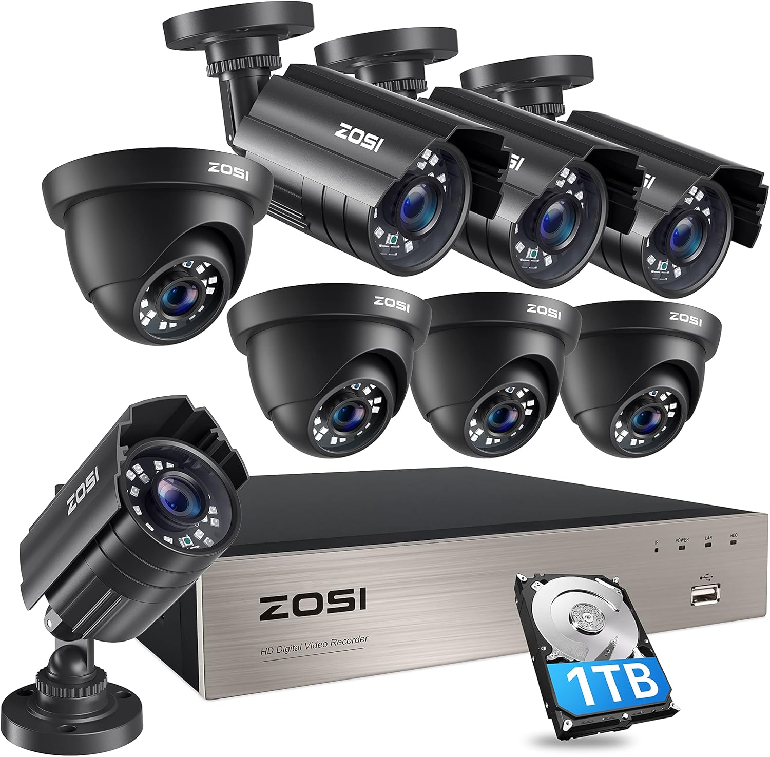 ZOSI 5MP Lite Home Security Camera System with 1TB Hard Drive,8CH H.265+ CCTV DVR,8pcs 1080P 1920TVL Weatherproof Surveillance Cameras