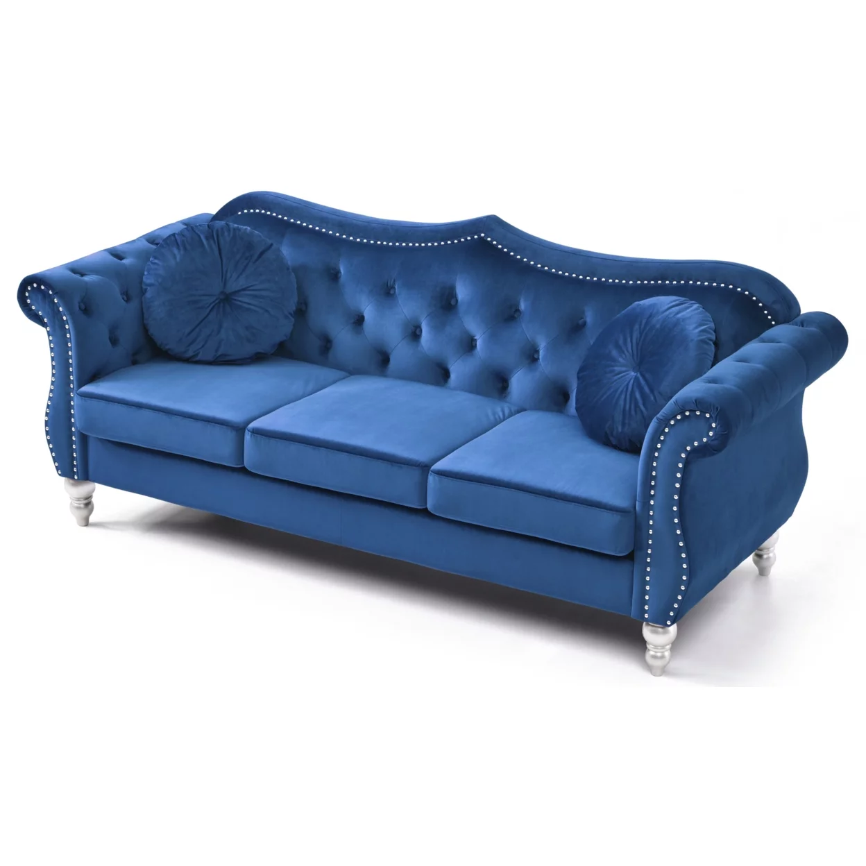 Passion Furniture Hollywood 82 in. Navy Blue Velvet Chesterfield 3-Seater Sofa with 2-Throw Pillow