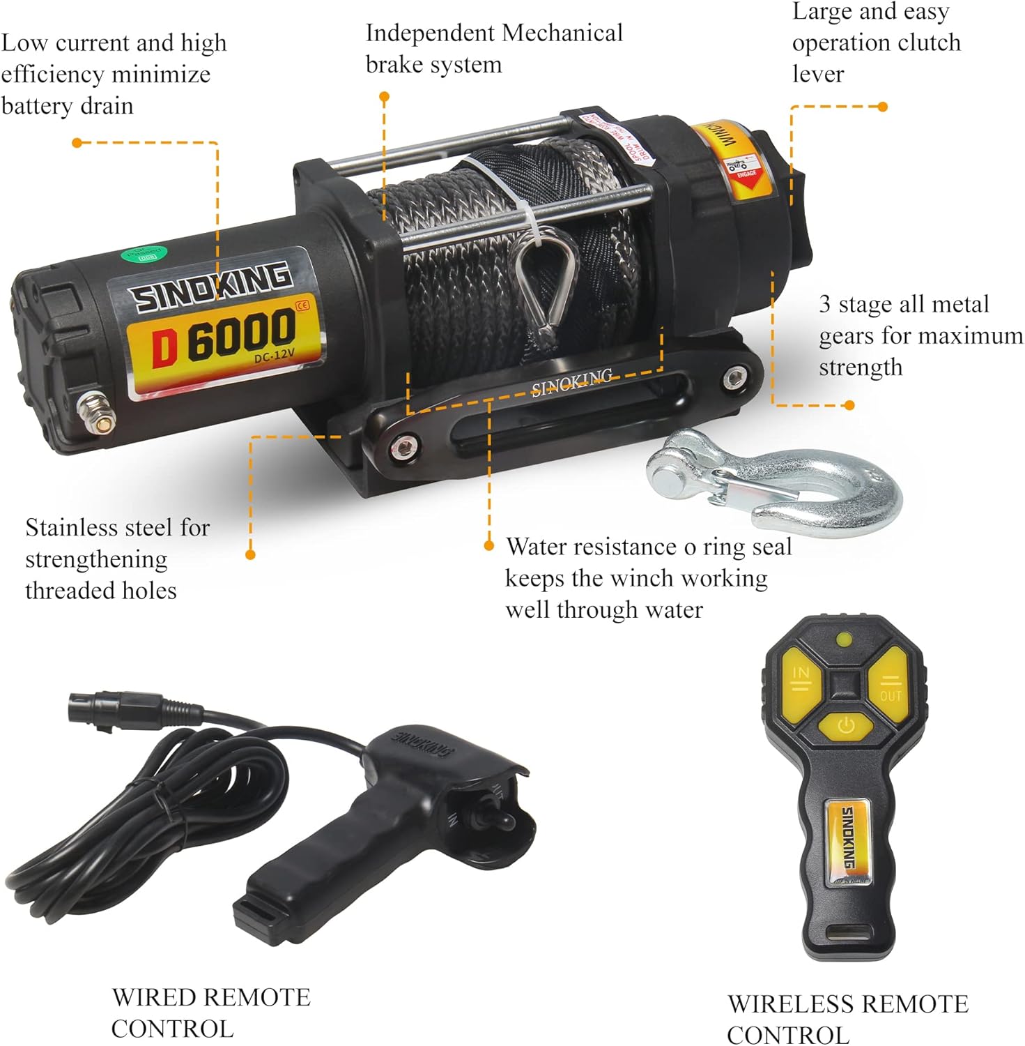 SINOKING 6000lb 12V Winch, UTV&ATV Winch with 1/4"× 49ft Synthetic Rope, Wired and Wireless Remote Control with Mounting Plate