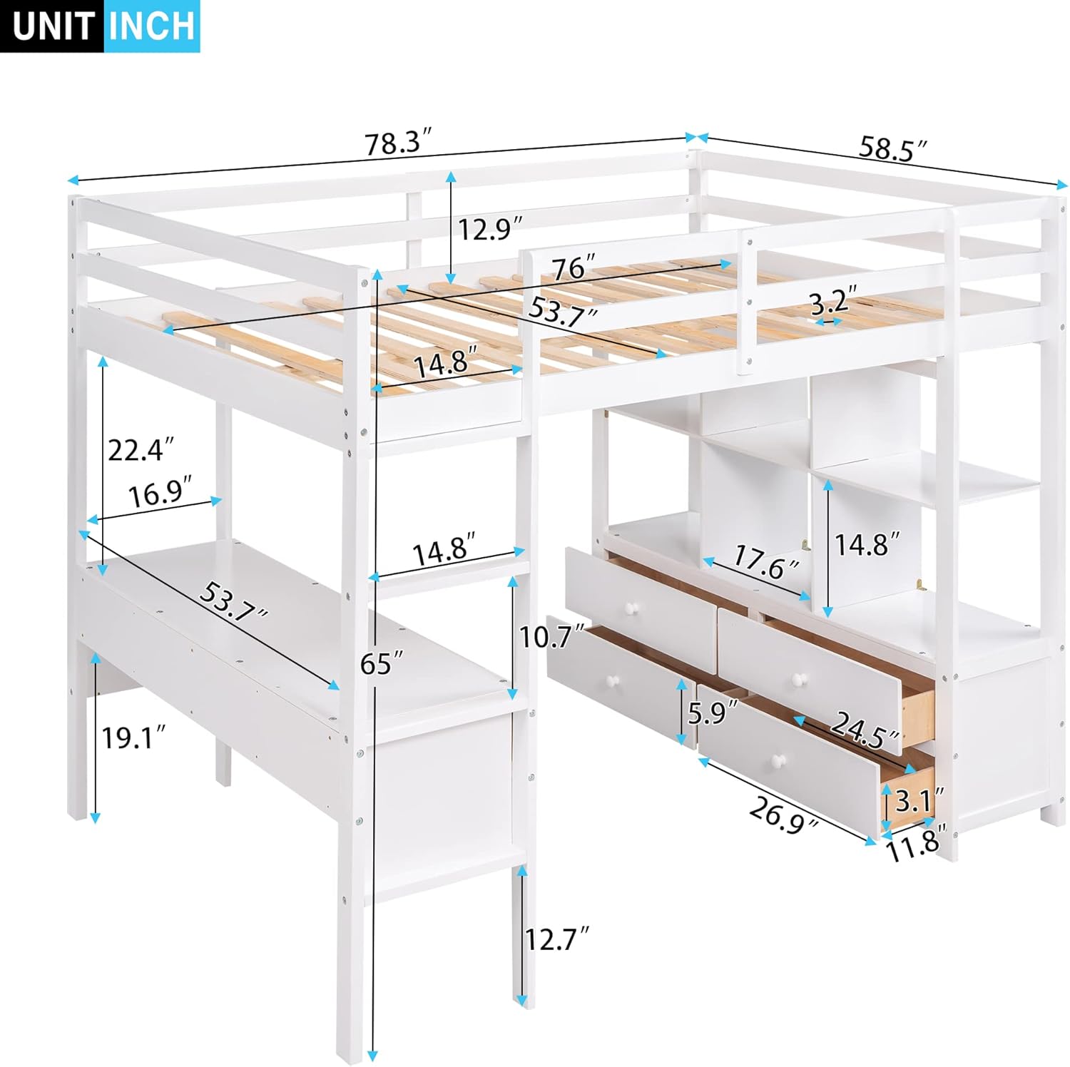 Full Size Loft Bed with Built-in Desk, Space Saving Loft Bed with Two Drawers, Storage Shelves and Drawers