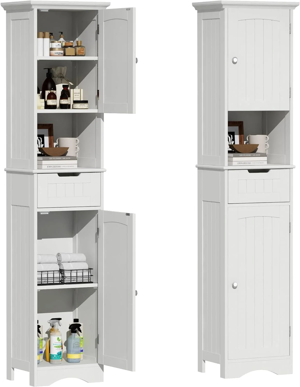 FJU 67" Tall Bathroom Storage Cabinet Freestanding with Adjustable Shelves, Narrow Storage Linen Cabinet with 2 Doors and 1 Drawers for Bathroom
