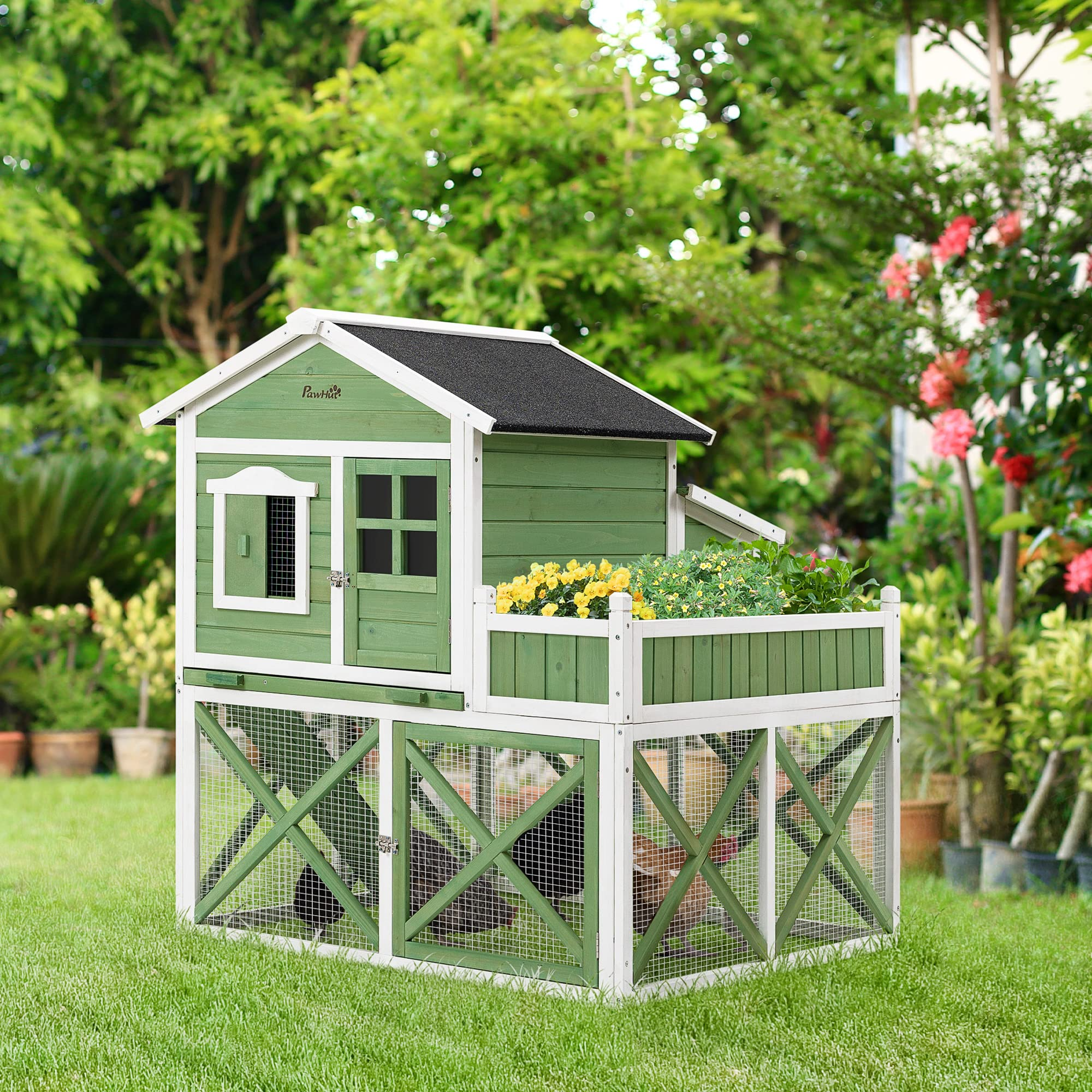 【Pet】44" Chicken Coop, Rabbit Hutch with Nesting Box, Removable Tray, Asphalt Roof, Planting & Lattice