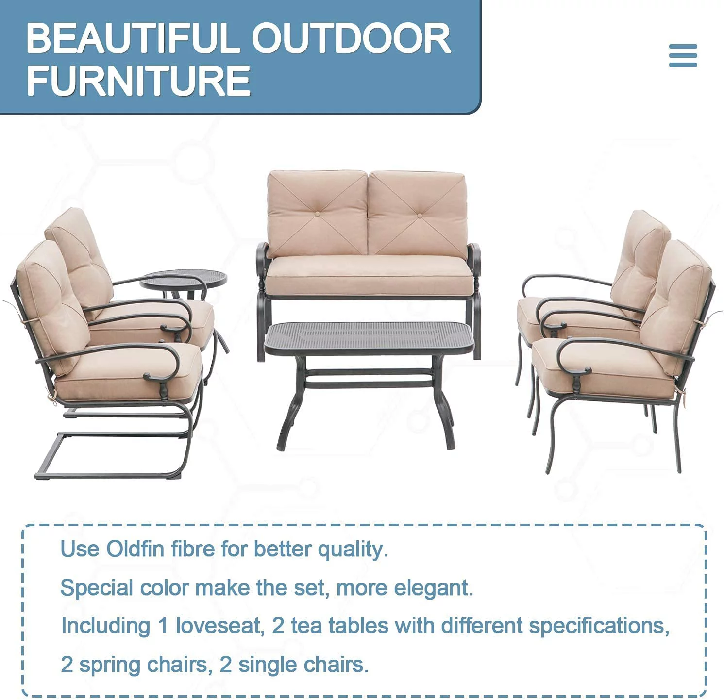 SOLAURA 7-Piece Patio Furniture Outdoor Metal Conversation Set- Brown