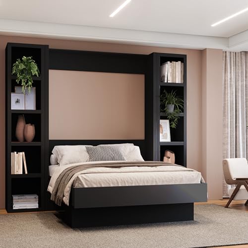 Oakland Living Easy-Lift Queen Murphy Wall Bed in Brown Wood Grain with Two Bookshelves