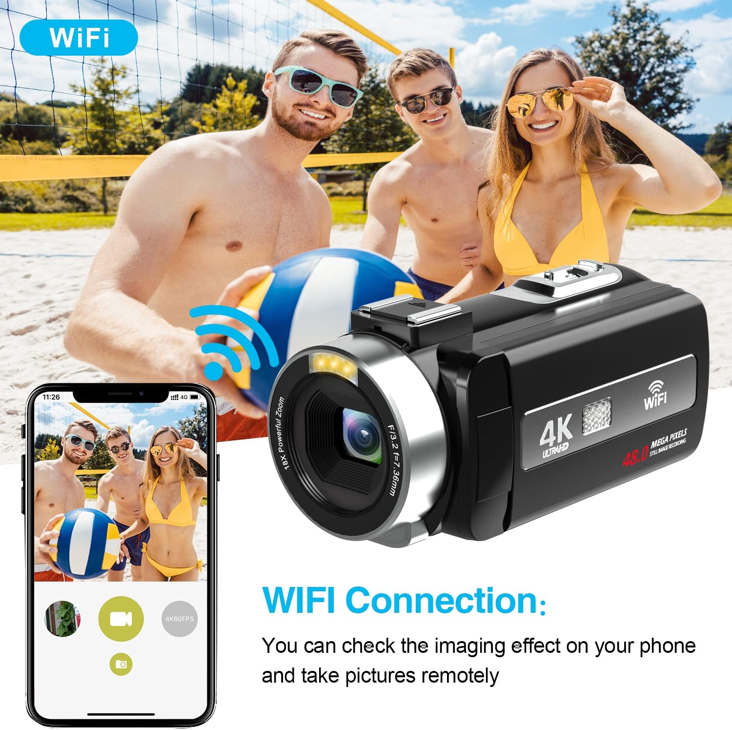 Hojocojo Video Camera, 4K Camcorder with IR Night Vision, WiFi Digital Camera, 18X Digital Zoom, Vlogging Camera for YouTube, Kids Video Camera