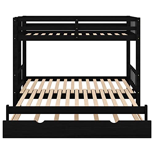 Twin over Double Twin Bunk Bed with Trundle, Convertible Down Bed, Pull-Out Multi-Functional Bunk Bed for 4 People