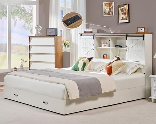 VanAcc Full Size Bed Frame, Wooden Platform Storage Bed with 51.2" Bookcase Headboard, 2 Drawers