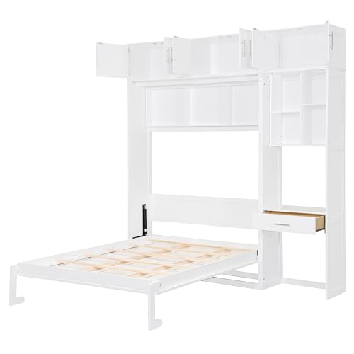 Polibi Full Size Wall Murphy Bed with Built-in Desk & Shelves - Multi-Functional Wall Bed for Small Apartments, 3 Storage Cabinets