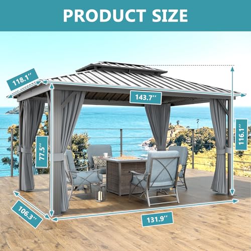Aoxun 10' X 12' Hardtop Gazebo, Aluminum Metal Outdoor Gazebo with Galvanized Steel Double Roof