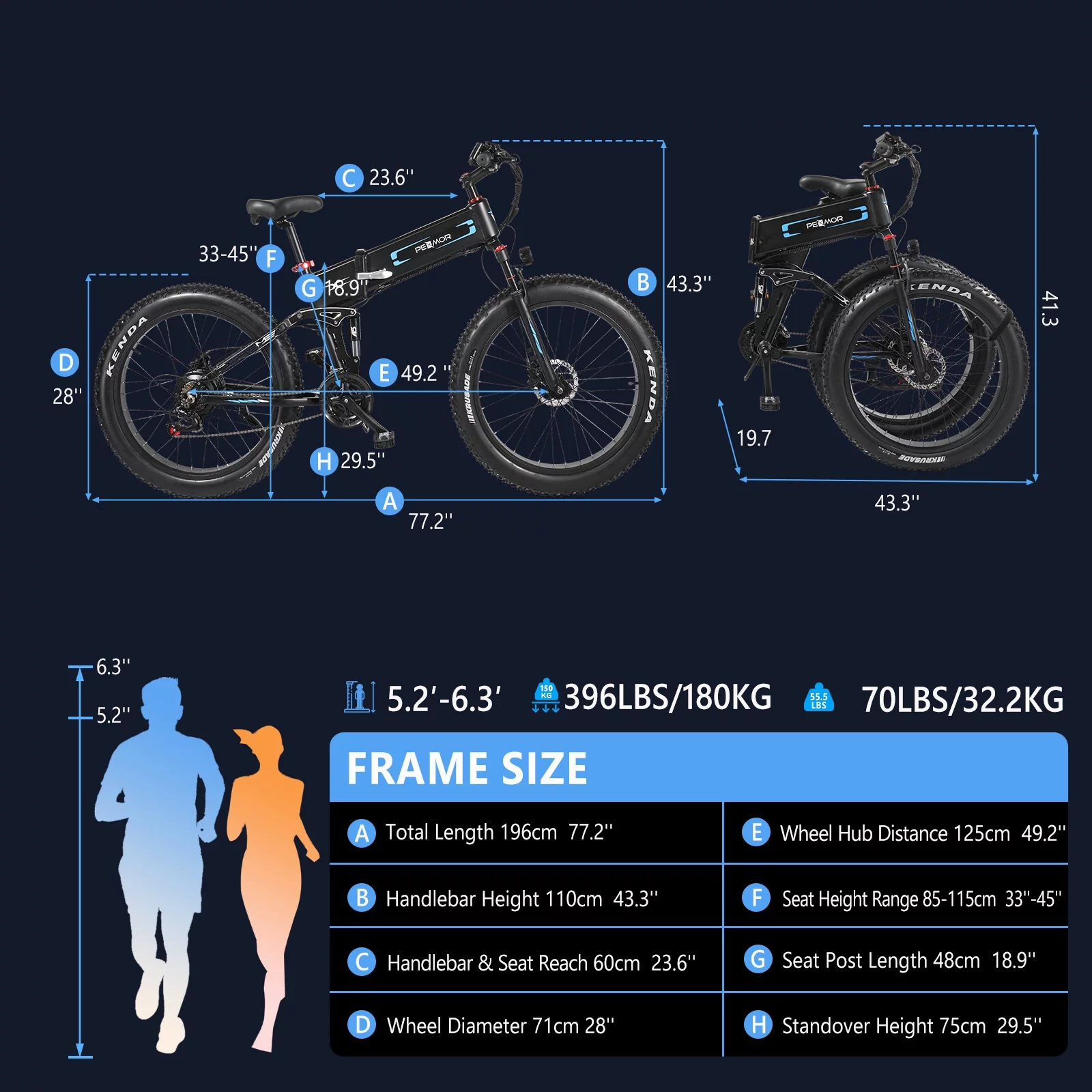 PEXMOR Electric Bike for Adults, 750W  48V 12AH Removable Battery 26" Fat Tire Folding Ebike Adult Electric Bicycle