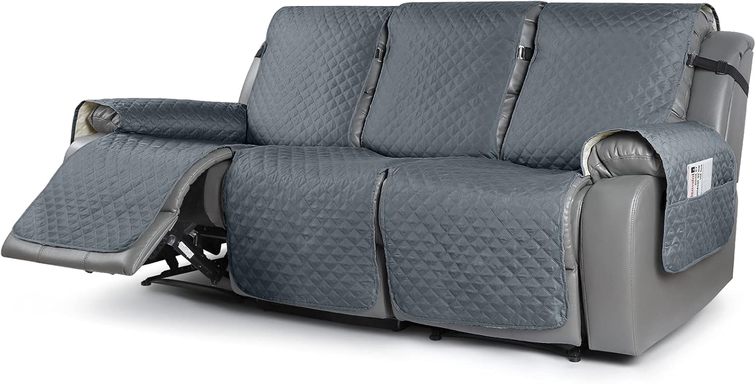 KinCam Recliner Sofa Cover, Reclining Couch Covers, Motion Recliner Couch Cover Furniture Protector with Elastic Straps (3 Seater Plus, Light Gray