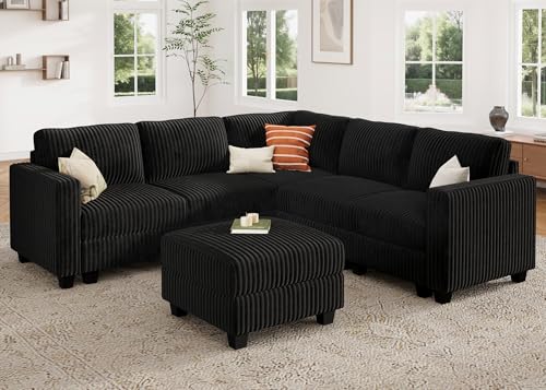HONBAY Corduroy Modular Sectional Couch with Storage L-Shaped Sectional Couches for Living Room 6 Seater Modular Sofa, Dark Gray