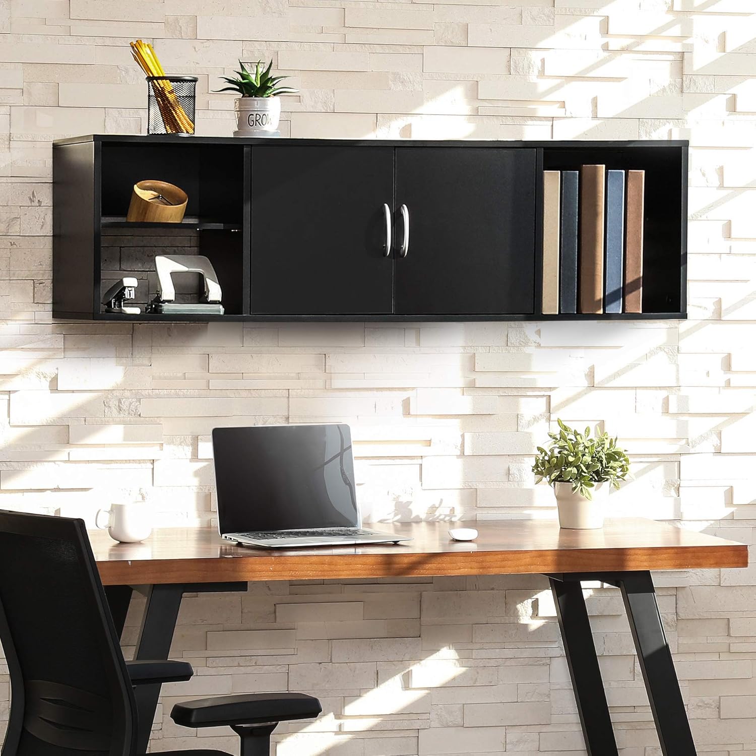 FITUEYES Wall Mounted Desk Hutch with Door, Modern Floating Console Media Cabinet，HT310401WB