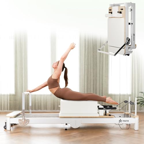 PAETA Pilates Reformer, 92” Aluminum Reformer Pilates Machine, Foldable Pilates Machine Equipment, with Music Wire Springs and Jump Boards, White