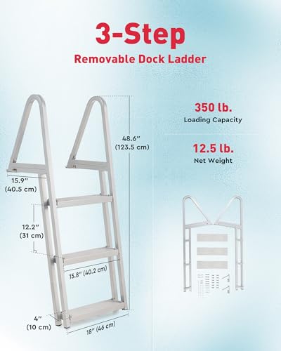 CO-Z 3 Step Removable Dock Ladder, Pontoon Boat Ladder with 350lb Load, Aluminum Swim Ladder with Wide Step & Nonslip Tread