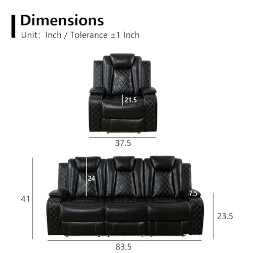 Power Black Leather Recliner Sofa Set with LED Light for Living Room Furniture，Power Reclining Sofa with Drop-Down Table/Double Recliner Loveseat