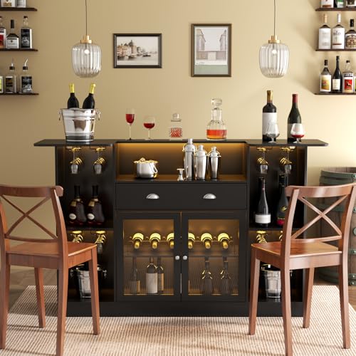 Loomie Bar Table Cabinet with LED & Drawer, Mini Liquor Bar with 8-Tier Storage & Stemware Holder