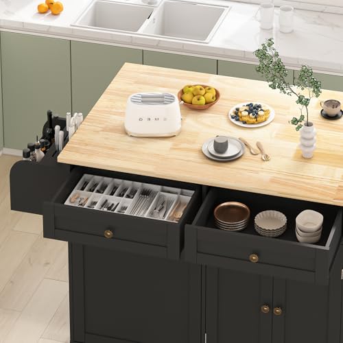 67’’ Movable Kitchen Island with Drop Leaf and Power Outlet, Lockable Sliding Countertop Rolling Island Cart with 2 Large Drawers, Spice, Towel Rack