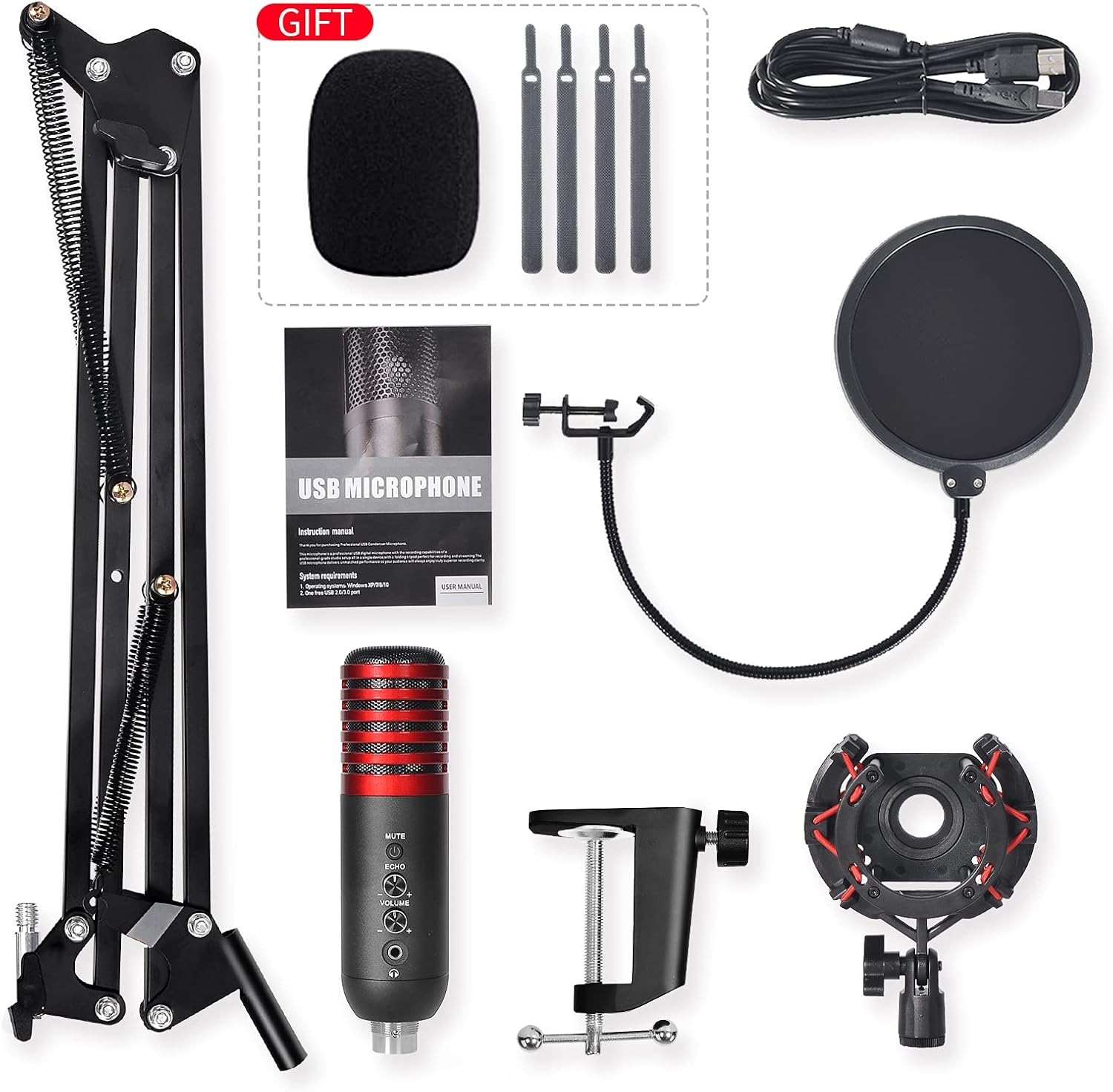 USB Gaming Condenser Microphone Plug and Play Cardioid Condenser Streaming Podcast Mic Kit for PC PS4 Studio Streaming Red with Flexible Boom Arm