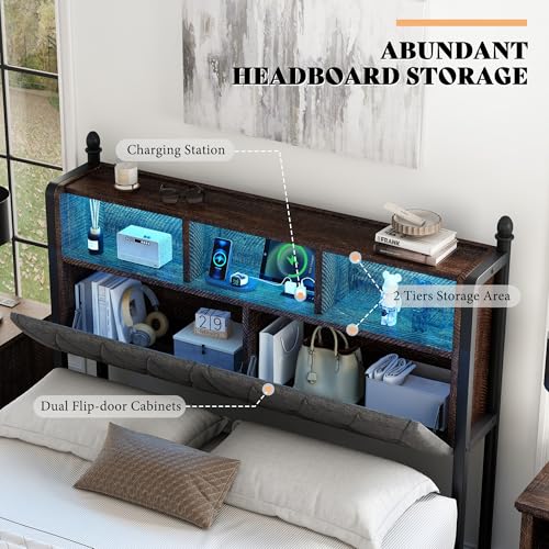 AMERLIFE Full Size Bed Frame with Bookcase Headboard, 4 Storage Drawers, Wooden Platform Bed with Charging Station & LED Light, No Box Spring Needed