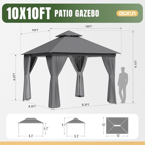 AOXUN Outdoor Gazebo for Patio 10x12, Metal Frame Canopy with Double Roofs